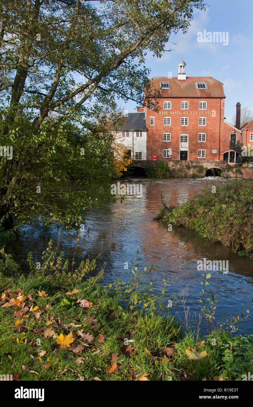 the old watermill at Elstead in autumn, Surrey (now a restaurant ...