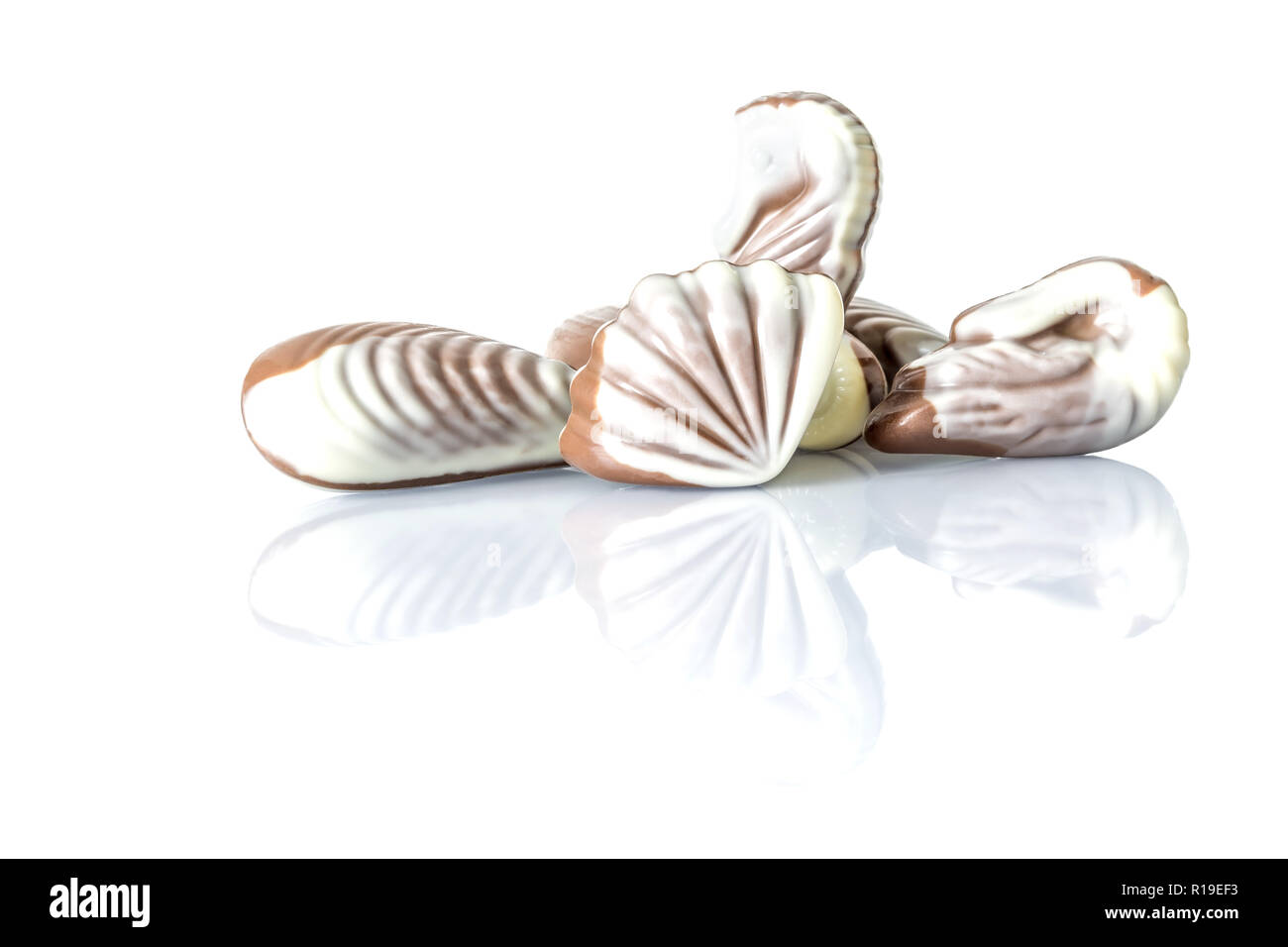 Chocolate candy in the form of sea shells on white table with reflection isolated on white background Stock Photo