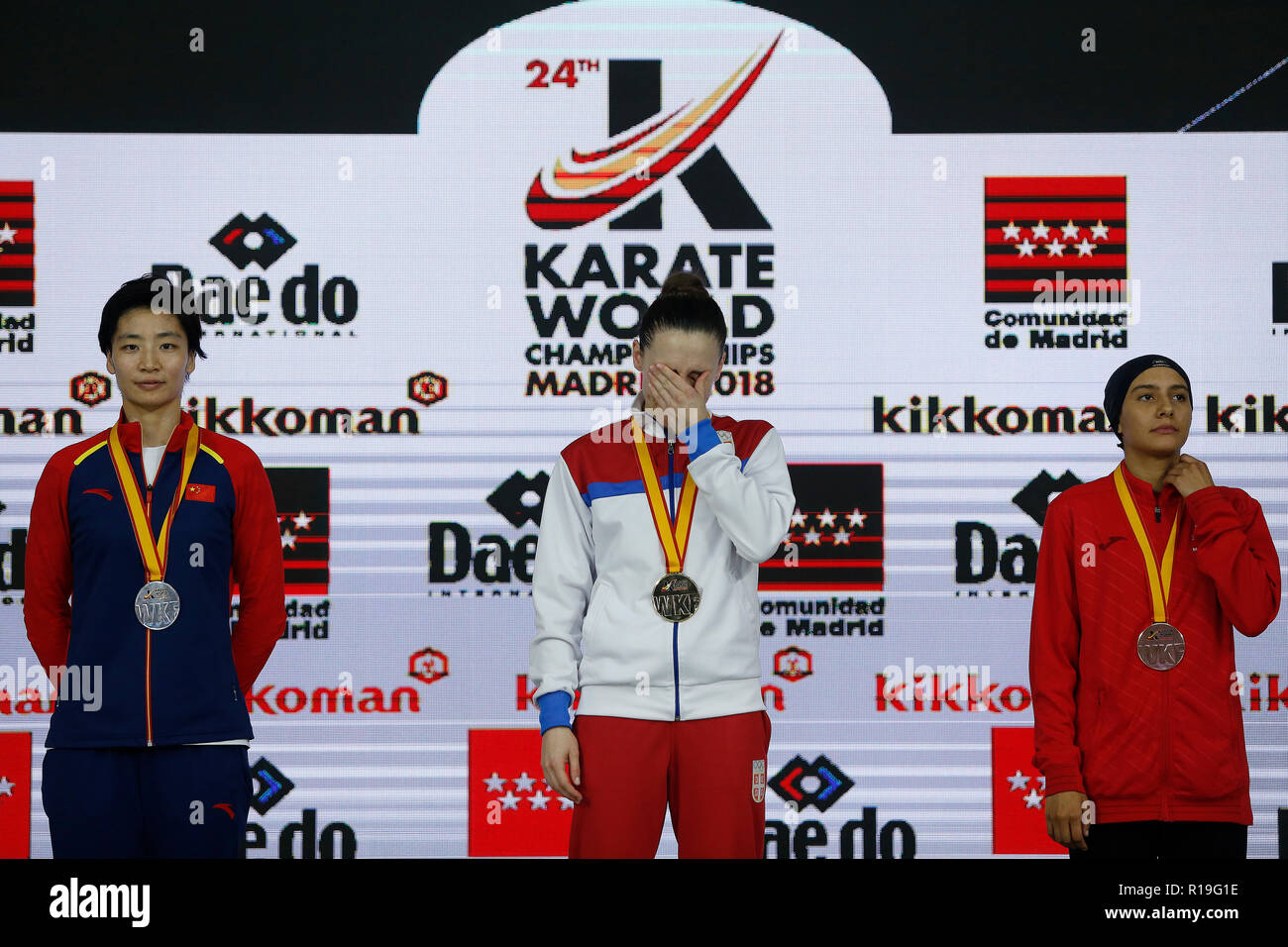 Serbian karateka Jovana Prekovic seen celebrating with her gold medal