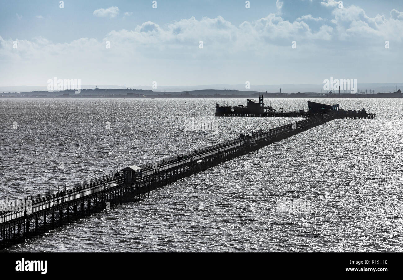 Southend Pier with the Isle of Sheppey in the background. Stock Photo