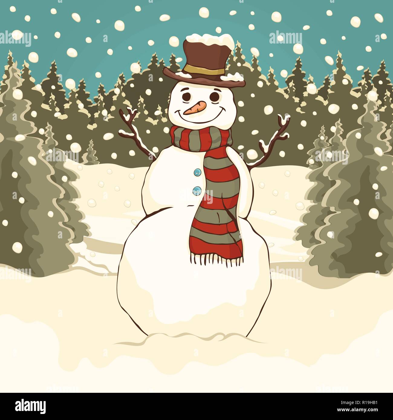 Funny Cute Snowman Cartoon Colorful Drawing Vector Illustration Painted Snowman With Hat And Scarf In The Winter Forest Park Against The Background Stock Vector Image Art Alamy