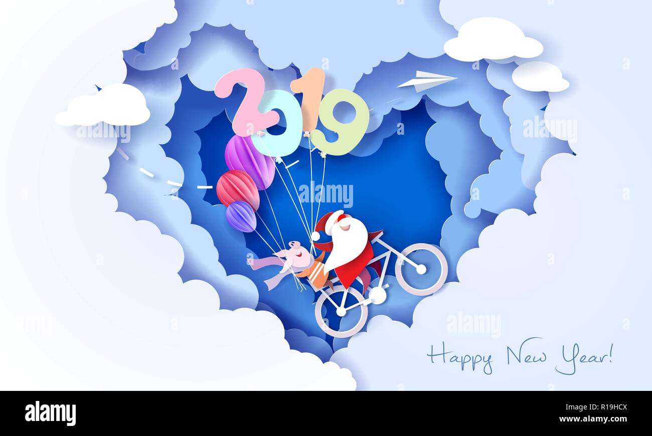 2019 New Year design card with Santa Claus and funny pig on bicycle on blue sky background with heart shaped clouds. Vector paper art illustration. Paper cut and craft style. Stock Vector