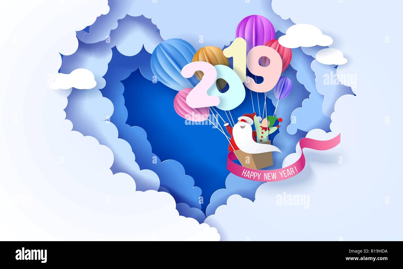 2019 New Year design card with Santa Claus and elf on air balloons on blue sky background with heart shaped clouds. Vector paper art illustration. Paper cut and craft style. Stock Vector