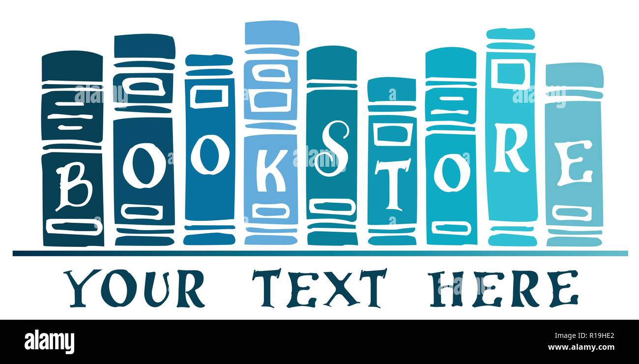 Vector Bookstore banner, logo with blue books on a bookshelf, add your text Stock Vector