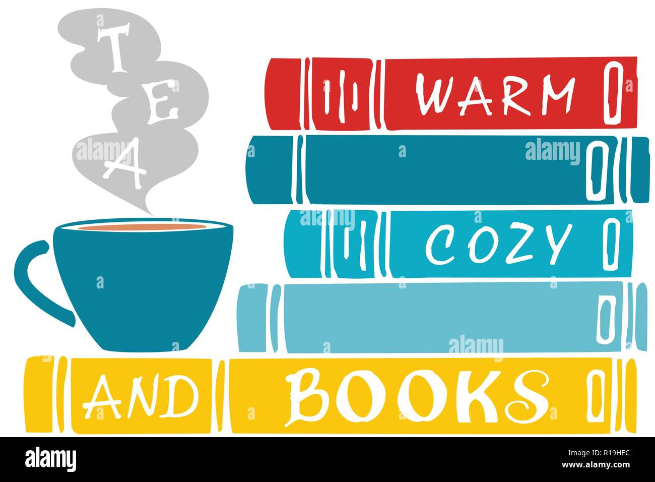 Stack of colorful books with a cup of tea. Tea and books lettering Stock Vector
