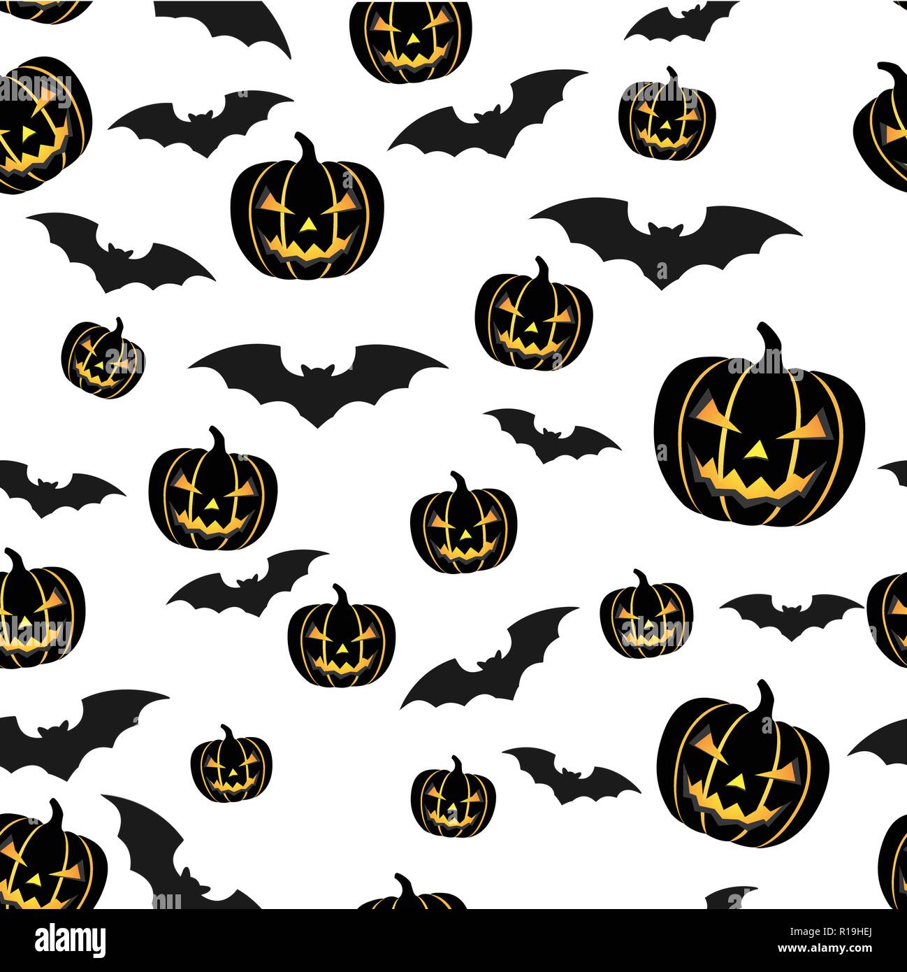 Seamless background illustration for Halloween with black bats and black pumpkins Jack o'lanterns Stock Vector