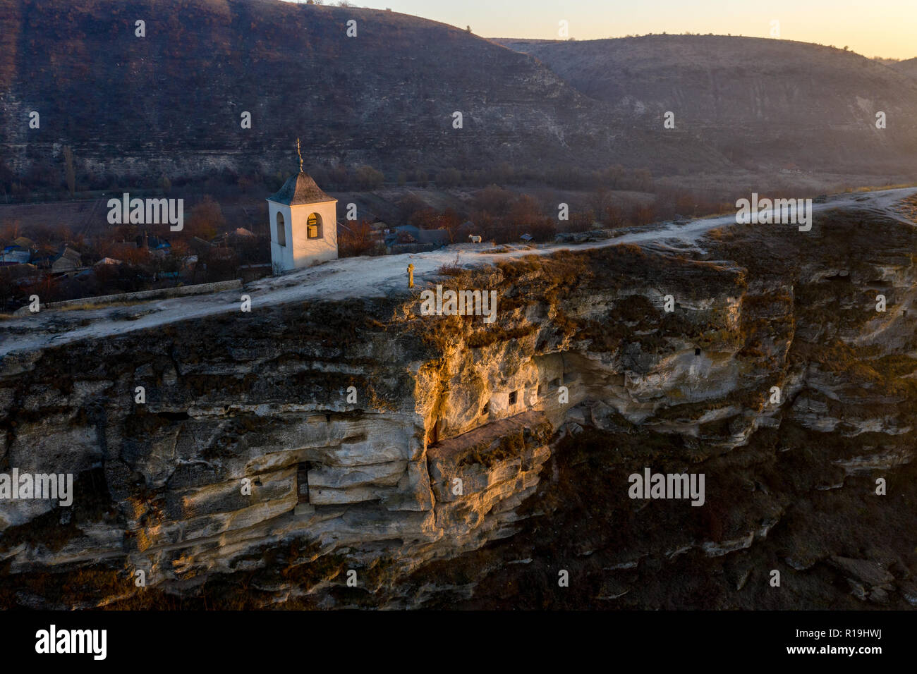 Old Orhei stone carved church at sunset. Aerial view, Moldova Republic Stock Photo