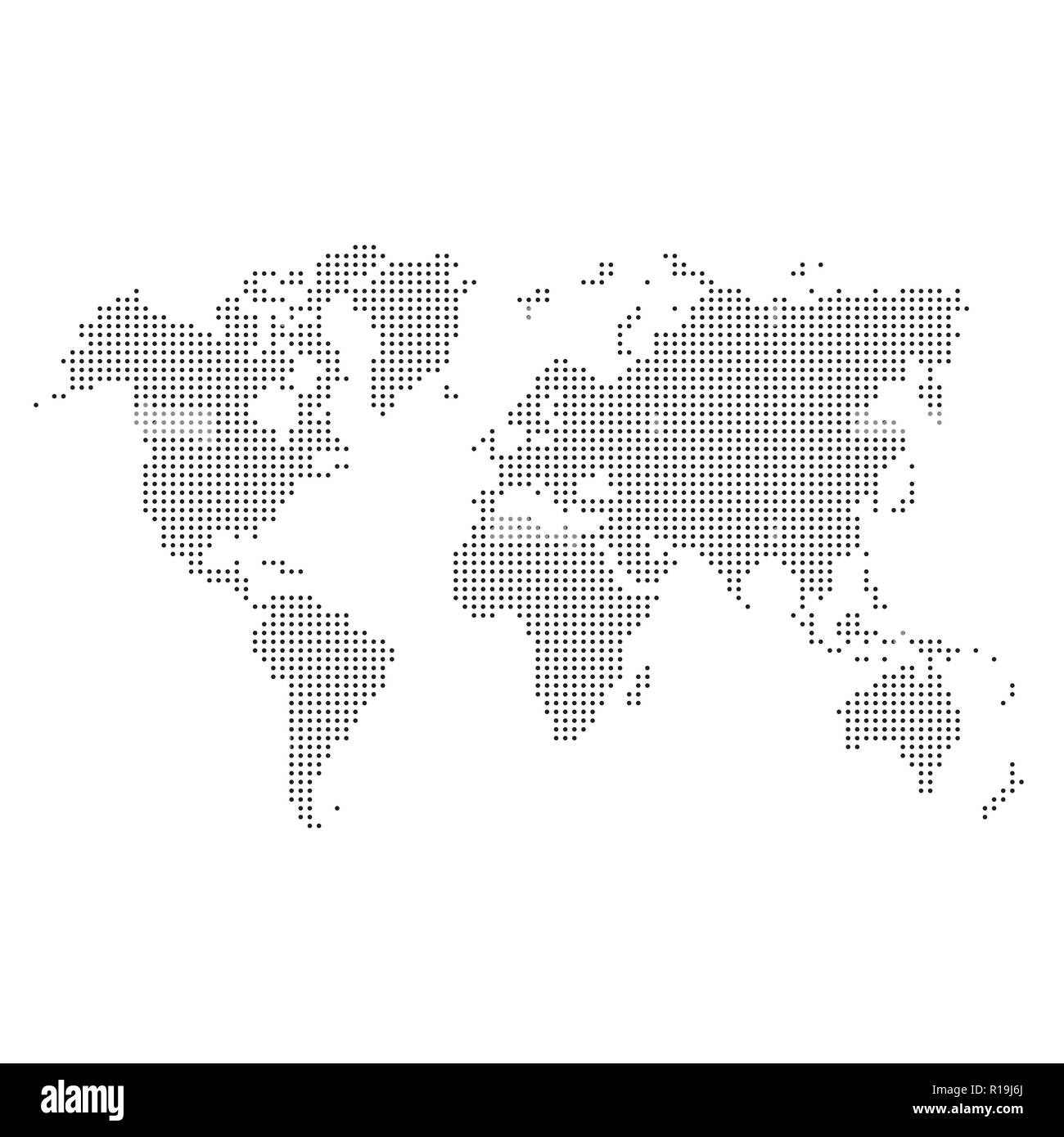 Black dotted silhouette of world map isolated on white background Stock Vector