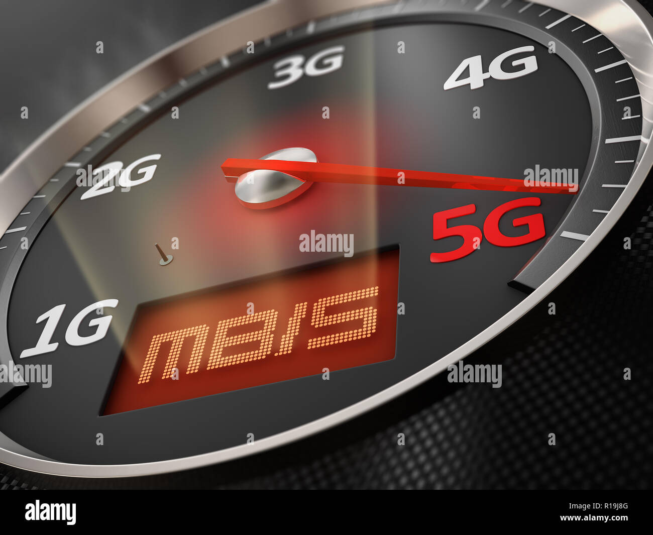 Car speedometer arrow which indicates 5G. 3d render Stock Photo
