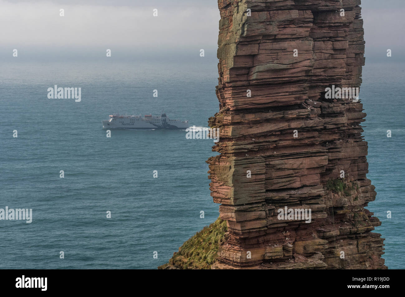 Northlink Ferry passing Old Man of Hoy, Orkney Stock Photo