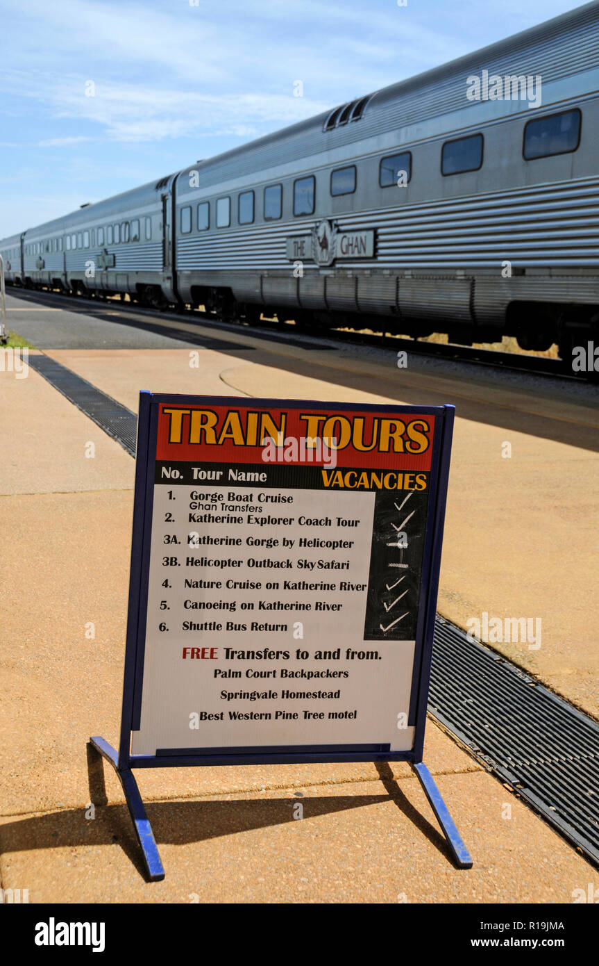 A tours board at Katherine rail station in the Northern Territory, Australia. Stock Photo