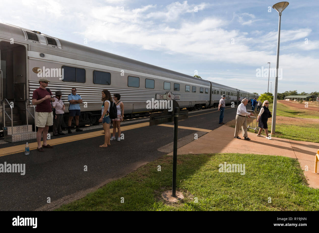 Passengers on The Ghan train stop off for a three-hour stopover to take part in some local tours, at Kathleen station in the Northern Territory of Stock Photo