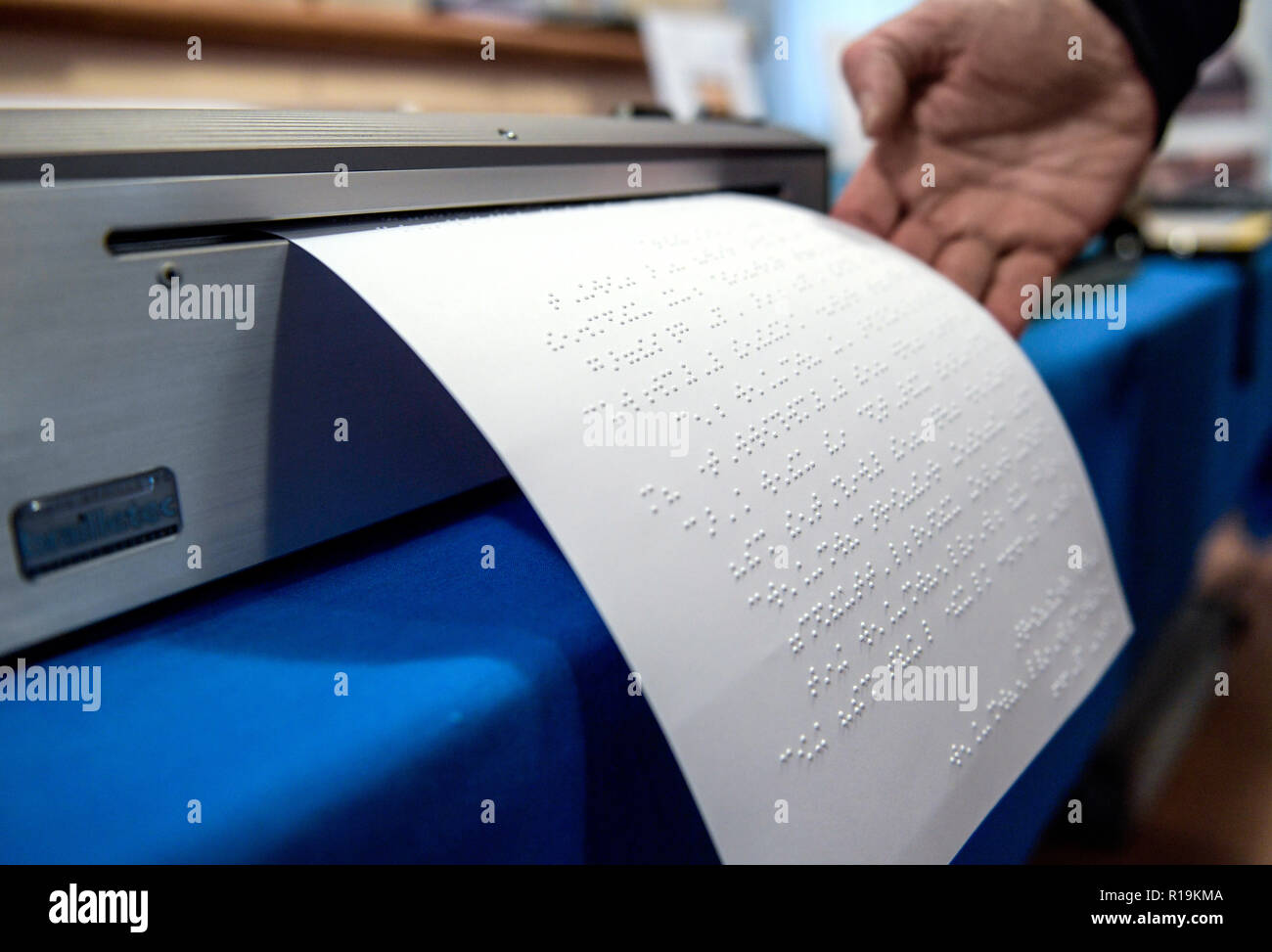 Hamburg, Germany. 10th Nov, 2018. A printer that prints text in Braille is  on display at the "Pandblick" trade fair for visually impaired people in  the Louis Braille Center. The trade fair