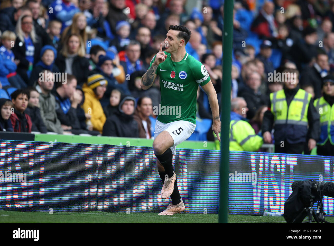 Albion, UK. 10th Oct, 2018. Lewis Dunk of Brighton celebrates after he scores his teams 1st goal. Premier League match, Cardiff City v Brighton & Hove Albion at the Cardiff City Stadium on Saturday 10th November 2018. this image may only be used for Editorial purposes. Editorial use only, license required for commercial use. No use in betting, games or a single club/league/player publications. pic by Andrew Orchard/Andrew Orchard sports photography/Alamy Live news Credit: Andrew Orchard sports photography/Alamy Live News Stock Photo