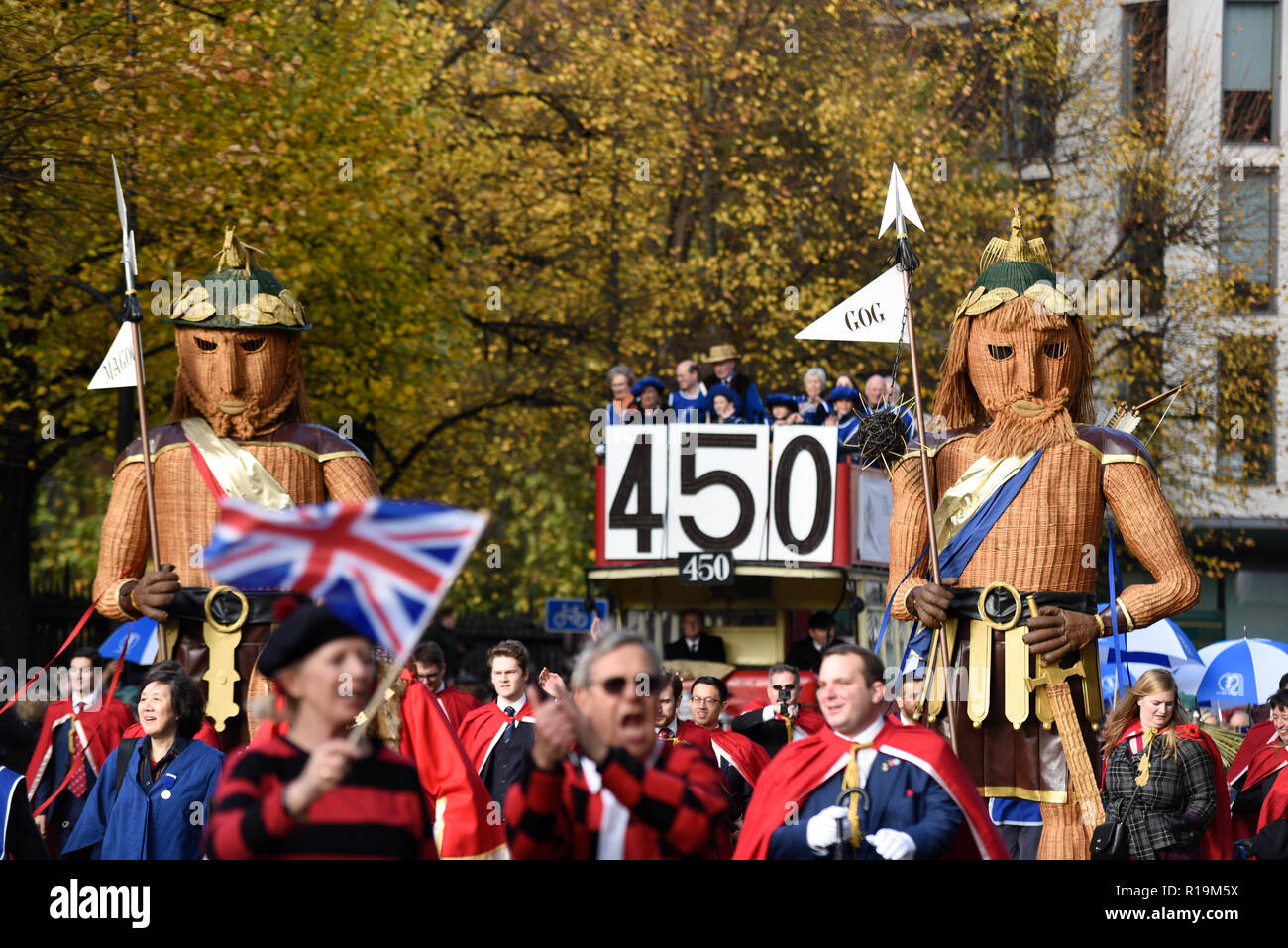 Gog and Magog are the symbolic protectors of the City of London. They are paraded by volunteers from The Guild of Young Freemen in the Lord Mayor's Show Parade 2018 Stock Photo