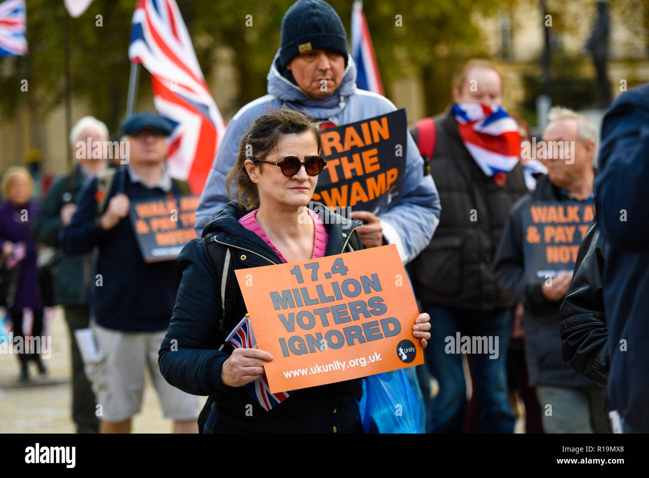 A protest taking place by UK Unity to demonstrate against what is perceived as a delayed and weak position on Brexit by the UK government. Protesters would like to see an end to immigration and an immediate 'no deal' exit with no payments Stock Photo