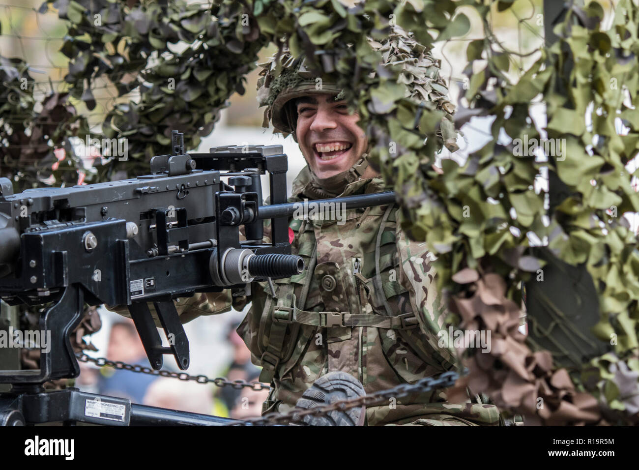 London, UK. 10th Nov, 2018. The Light Infantry - The new Lord Mayor (Peter Estlin, the 691st) was sworn in yesterday. To celebrate, today is the annual Lord Mayor’s Show. It includes Military bands, vintage buses, Dhol drummers, a combine harvester and a giant nodding dog in the three-mile-long procession. It brings together over 7,000 people, 200 horses and 140 motor and steam-driven vehicles in an event that dates back to the 13th century. The Lord Mayor of the City of London rides in the gold State Coach. Stock Photo