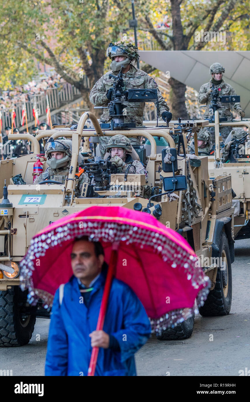 London, UK. 10th Nov, 2018. The Royal Yeomanry - The new Lord Mayor (Peter Estlin, the 691st) was sworn in yesterday. To celebrate, today is the annual Lord Mayor's Show. It includes Military bands, vintage buses, Dhol drummers, a combine harvester and a giant nodding dog in the three-mile-long procession. It brings together over 7,000 people, 200 horses and 140 motor and steam-driven vehicles in an event that dates back to the 13th century. The Lord Mayor of the City of London rides in the gold State Coach. Credit: Guy Bell/Alamy Live News Stock Photo