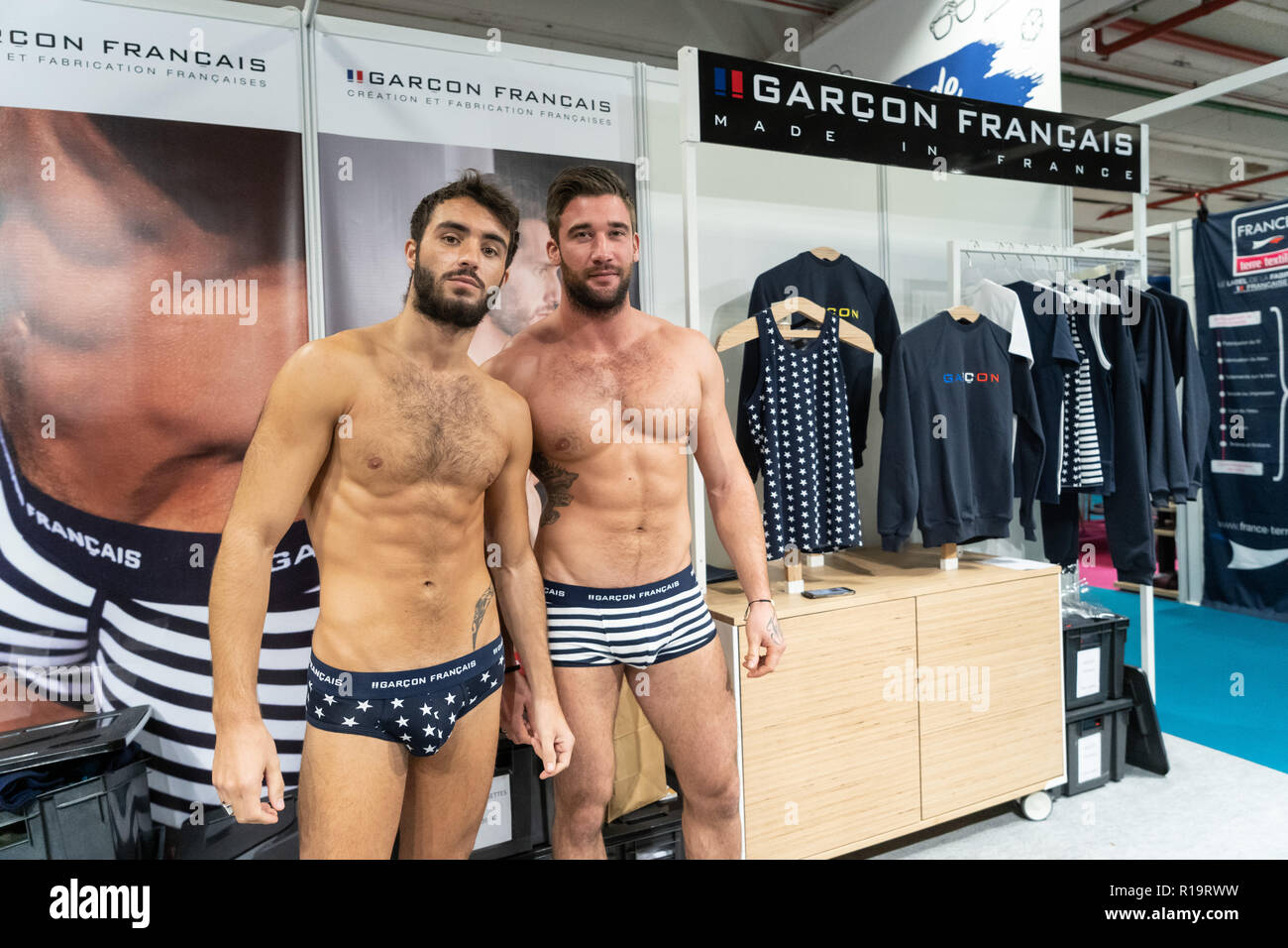 Paris, France. 10 November 2018. Two underwear models for Graçon Français,  an underwear brand, during the opening day of MIF Expo, a trade show for  products made in France. The exhibition is