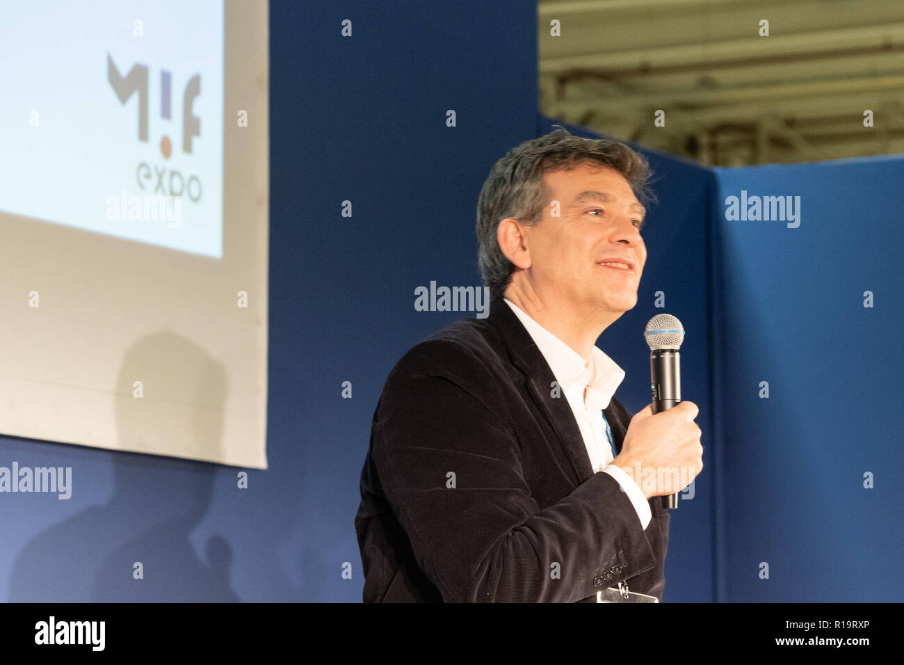 Paris, France. 10 November 2018. Arnaud Montebourg, former French Minister of Industrial Renewal, speaks about globalisation and economic policy during the opening day of MIF Expo, a trade show for products made in France. The exhibition is open from the 10th to the 12th of November. © David Bertho / Alamy Live News Stock Photo