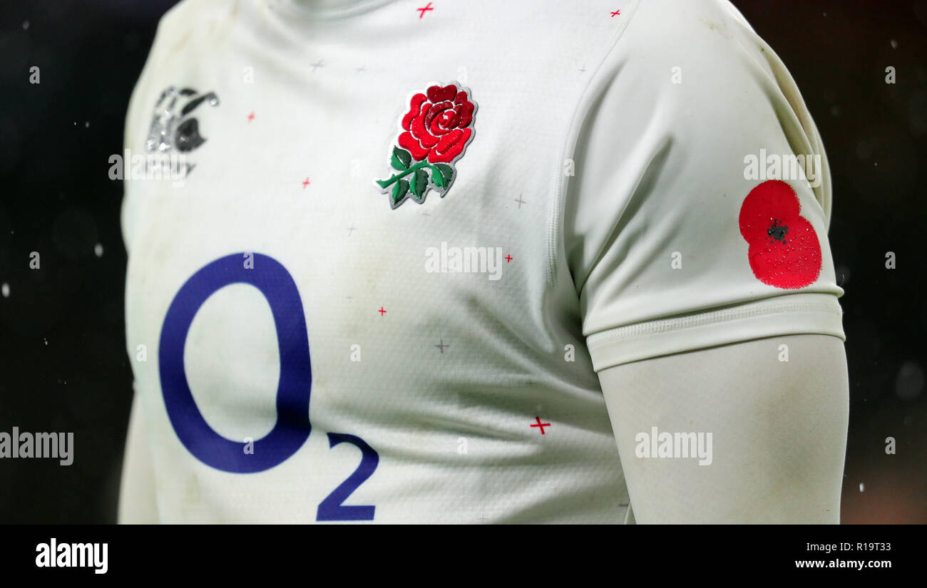 England Shirt With Poppy England V New Zealand England V New Zealand,  Autumn Internationals Twickenham, London, England 10 November 2018 Autumn  Internationals Twickenham Stam, London, England Credit: Allstar Picture  Library/Alamy Live News