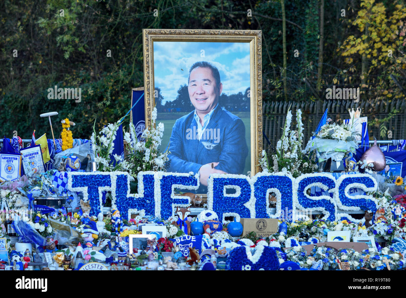 Leicester, UK. 10th Nov 2018. Leicester City FC Supporters and fans from other clubs are paying tribute to chairman Vichai Srivaddhanaprabha, who was among five people killed in the helicopter crash outside the stadium on October 27. Thousands took part leaving from Jubilee square just over a mile walk to King Power Stadium. Credit: Ian Francis/Alamy Live News Stock Photo