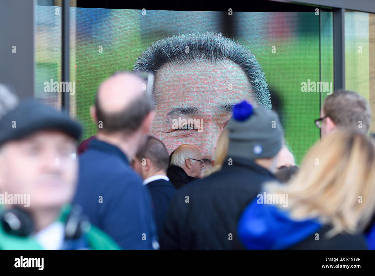 Leicester, UK. 10th Nov 2018. Leicester City FC Supporters and fans from other clubs are paying tribute to chairman Vichai Srivaddhanaprabha, who was among five people killed in the helicopter crash outside the stadium on October 27. Thousands took part leaving from Jubilee square just over a mile walk to King Power Stadium. Credit: Ian Francis/Alamy Live News Stock Photo
