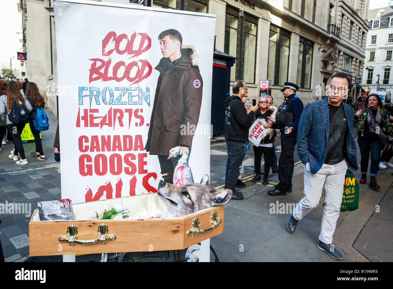 London, UK. 10th Nov, 2018. Animal rights activists protest outside Canada  Goose's flagship store in Regent Street against the trapping of wild  coyotes used in the company's clothing. PETA claim that trapped