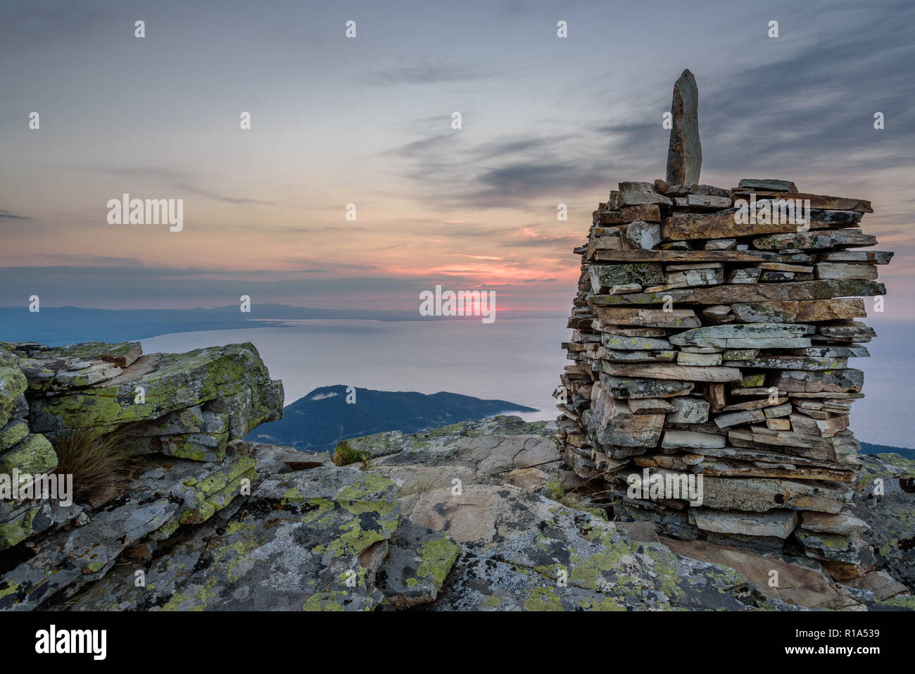 Amazing mountain landscape from the Greek island of Thassos - breathtaking views, rocky outcrops, magical sunlight - perfect vacation spot Stock Photo