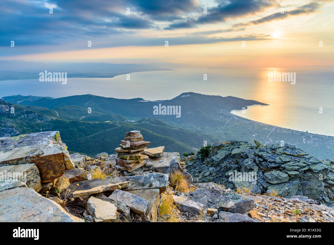 Amazing mountain landscape from the Greek island of Thassos - breathtaking views, rocky outcrops, magical sunlight - perfect vacation spot Stock Photo