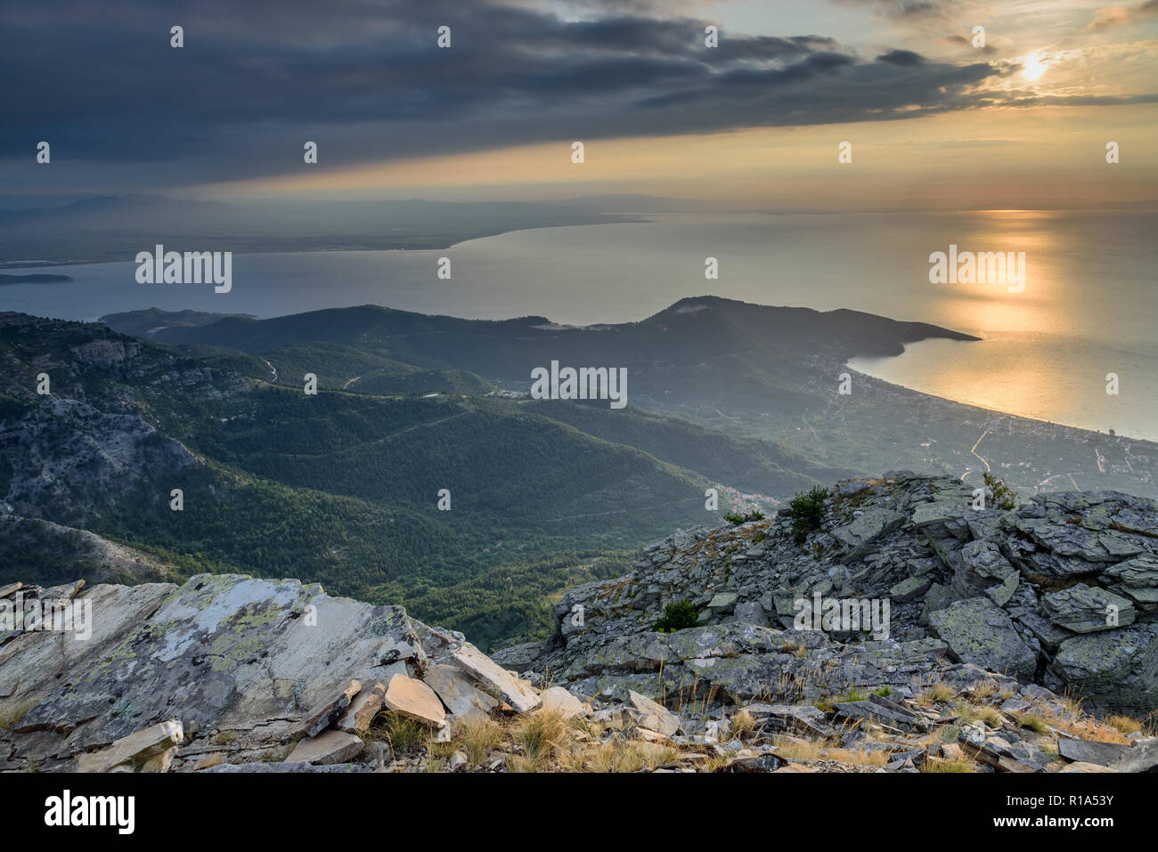 Amazing mountain landscape from the Greek island of Thassos - breathtaking views, rocky outcrops, magical sunlight - perfect vacation spot Stock Photo