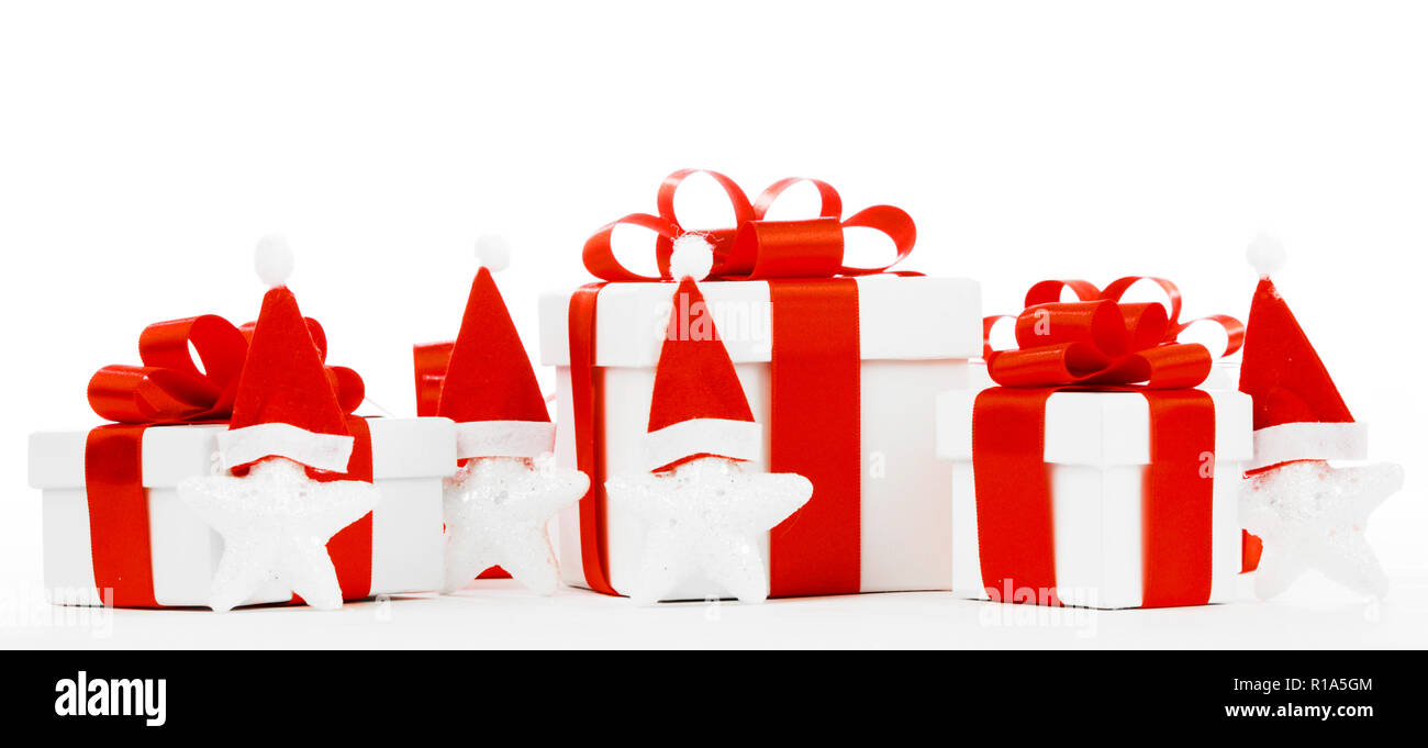 White gift box with red ribbon bow isolated on white background close ...