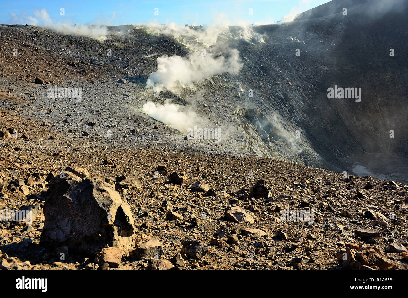 Aeolian Islands, Sicily, Italy. Island of Vulcano. View of Gran Cratere and Fumaroles. Stock Photo
