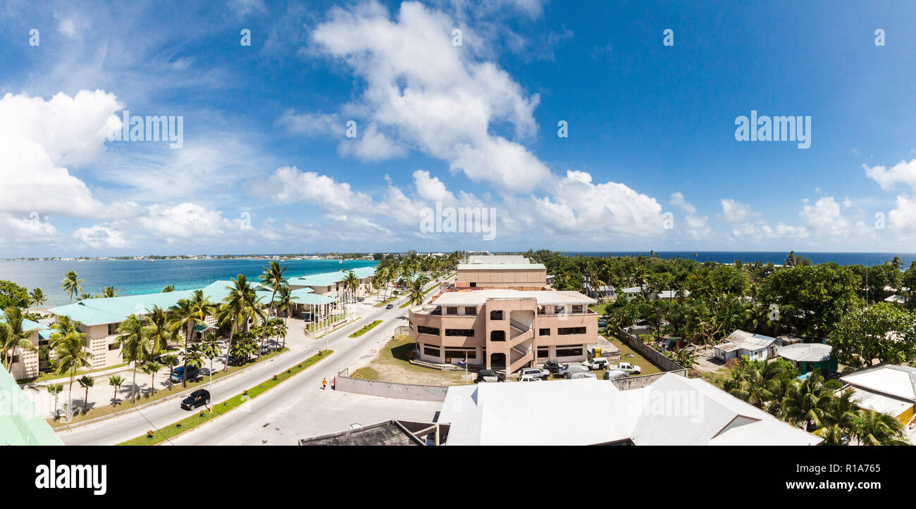 Majuro town centre aerial view, Central Business district, Marshall Islands, Micronesia, Oceania, South Pacific Ocean. Azure turquoise atoll lagoon Stock Photo