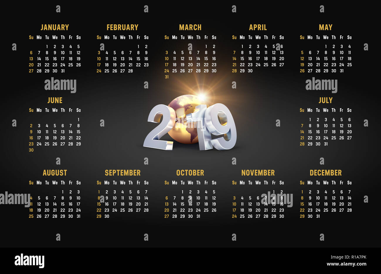 2019 calendar on black background, year date composed with a gold planet, weeks starting on Sunday Stock Photo