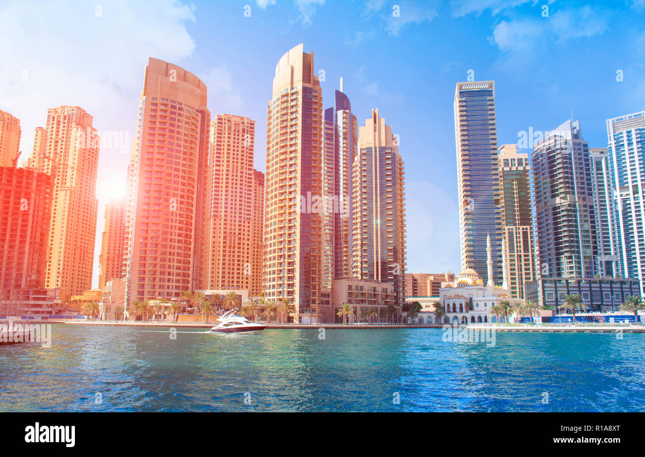 Luxury life of Dubai Marina port with yachts, Modern Buildings landscape view Stock Photo