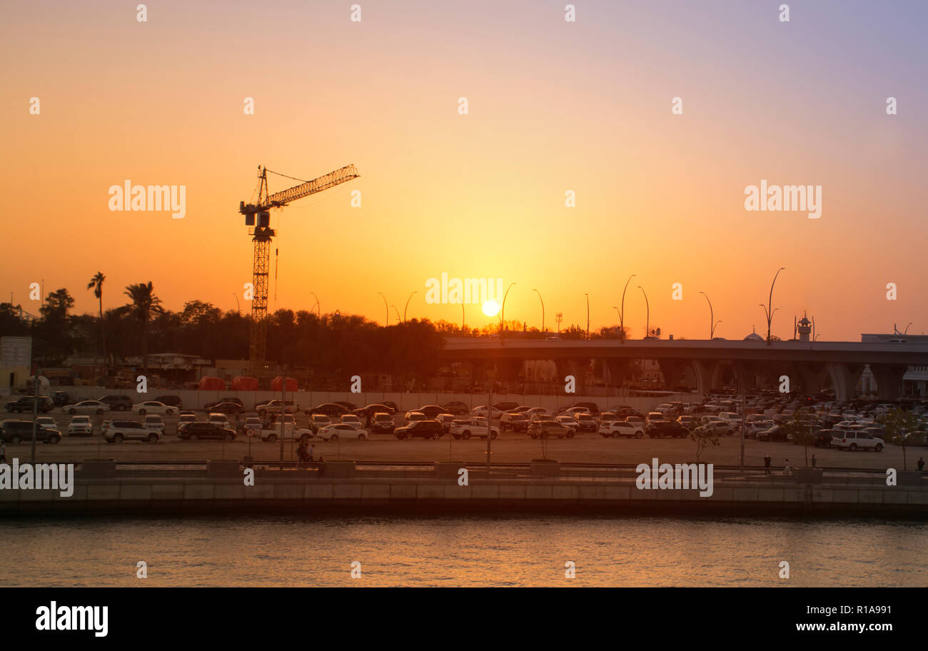 Construction work background with Sunset at Water Canal Bridge Businessbay Dubai Stock Photo