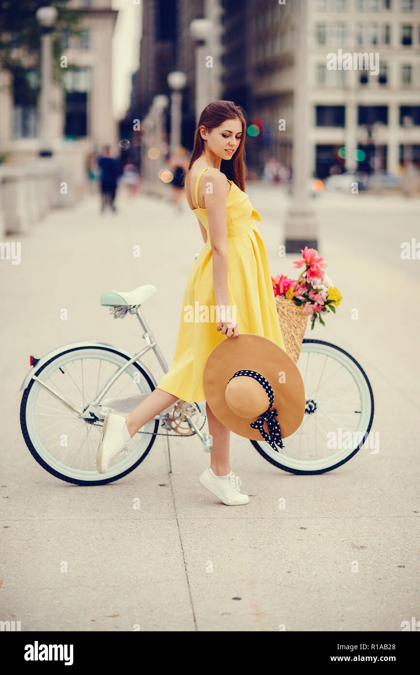 pretty girl with bicycle Stock Photo Alamy