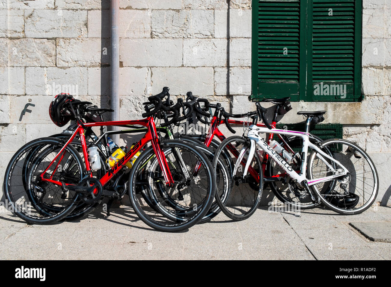 Bicycles / road bikes parked outside Cap de Formentor, Mallorca Stock Photo