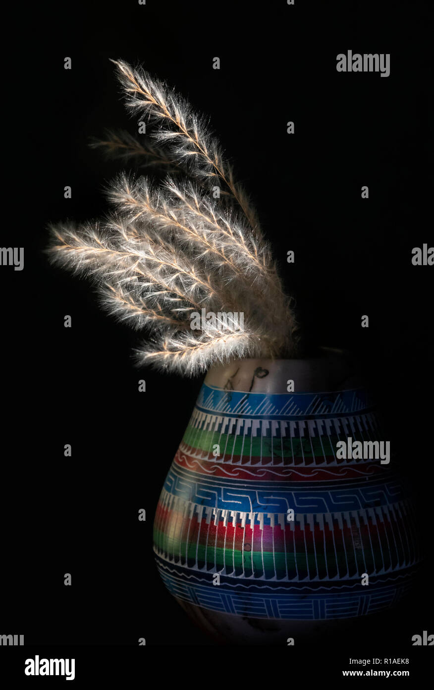 Native American vase (Navajo horse hair pottery) with traditional ornament and a bouquet of dry prairie grass. Stock Photo