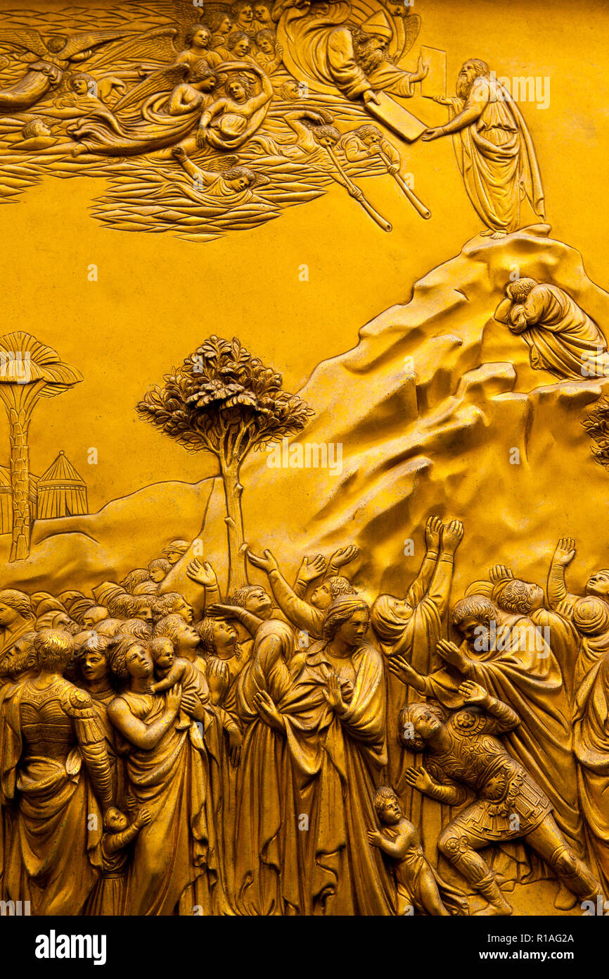 'Moses receives the Ten Commandments' as seen on the East Doors of the Baptistery in Florence Italy. Stock Photo
