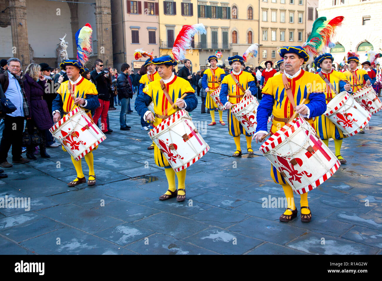 Parade by men in traditional costume through the streets of Florence Italy. Stock Photo
