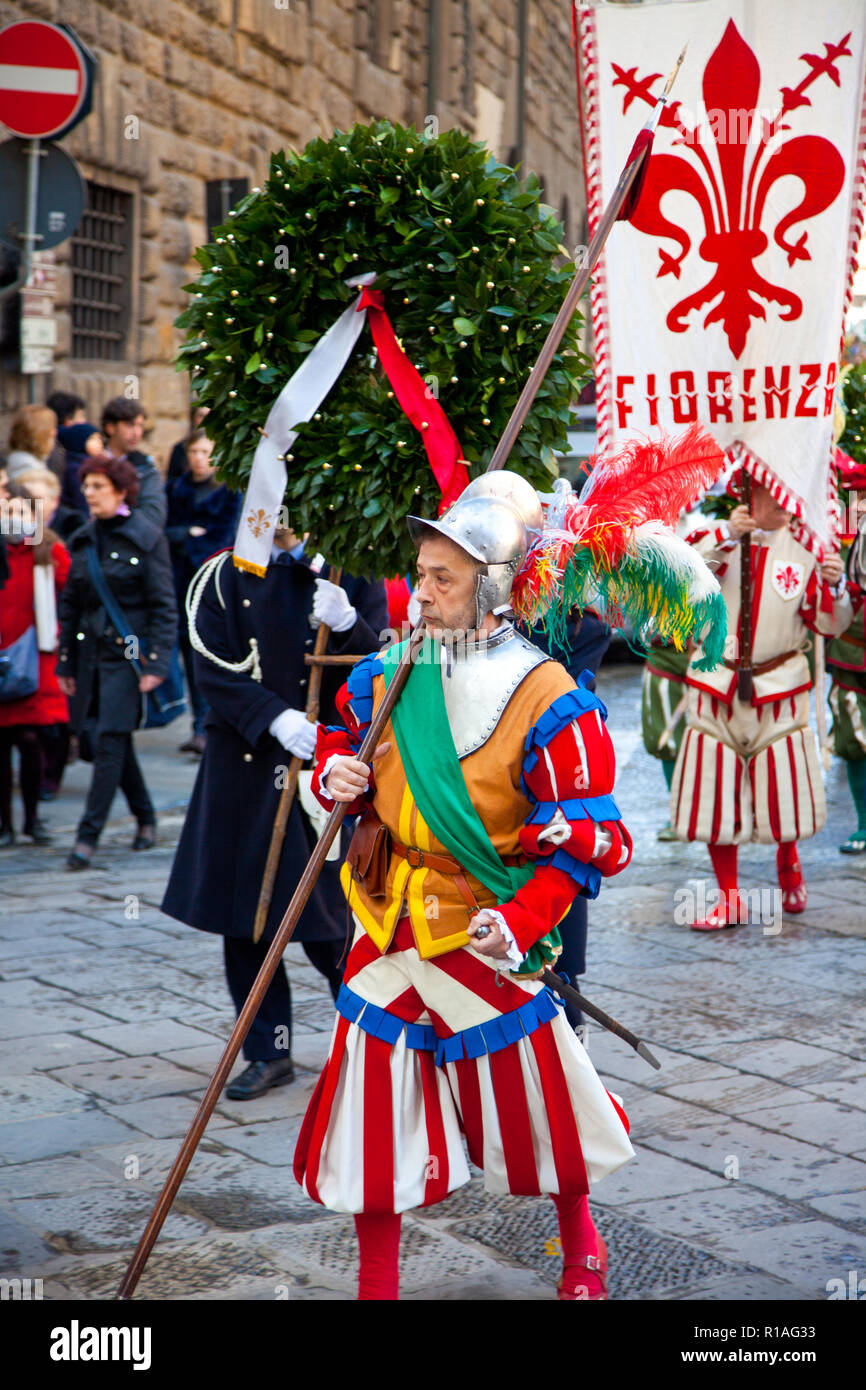 Parade by men in traditional costume through the streets of Florence Italy. Stock Photo