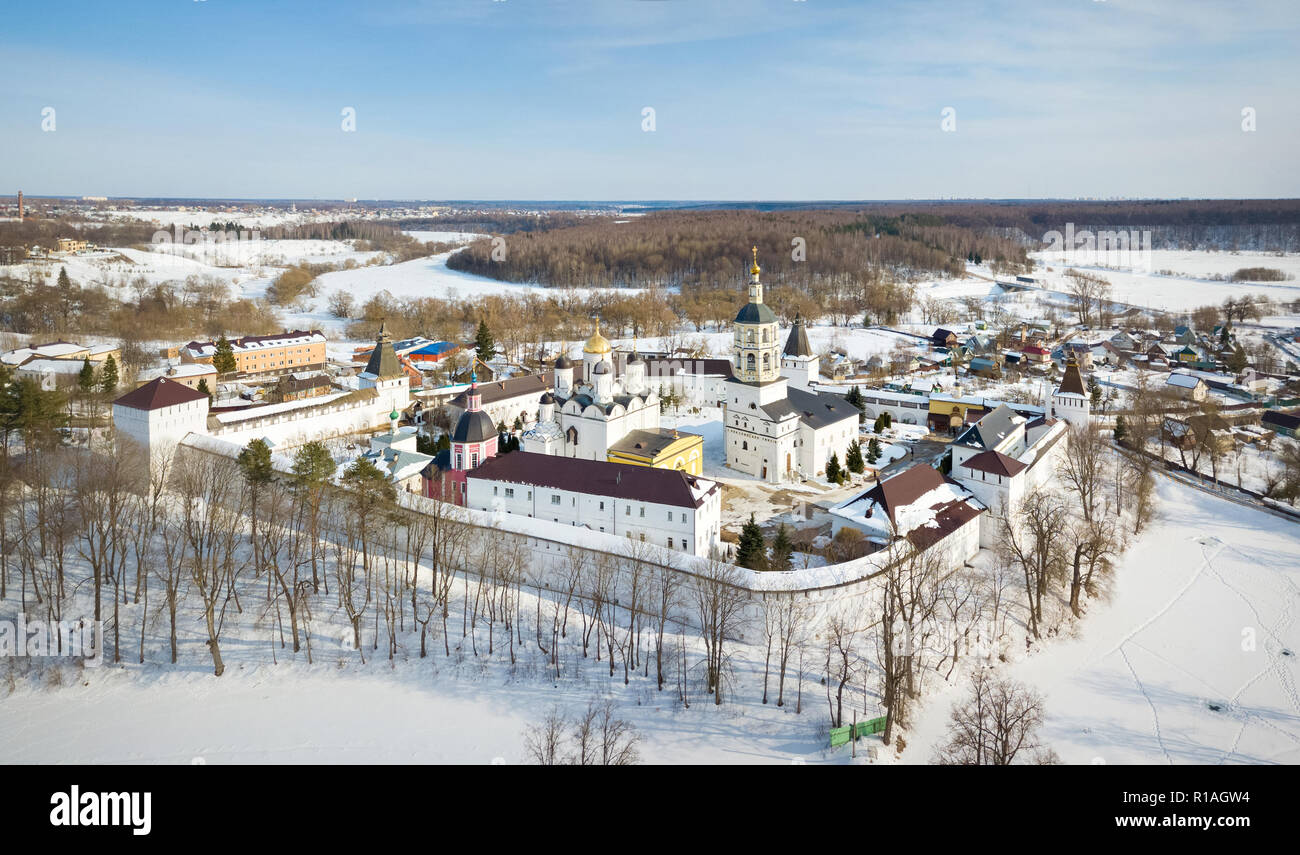 Aerial view of Nativity of the Virgin St. Paphnutius of Borovsk Monastery in winter, Kaluga oblast, Russia Stock Photo