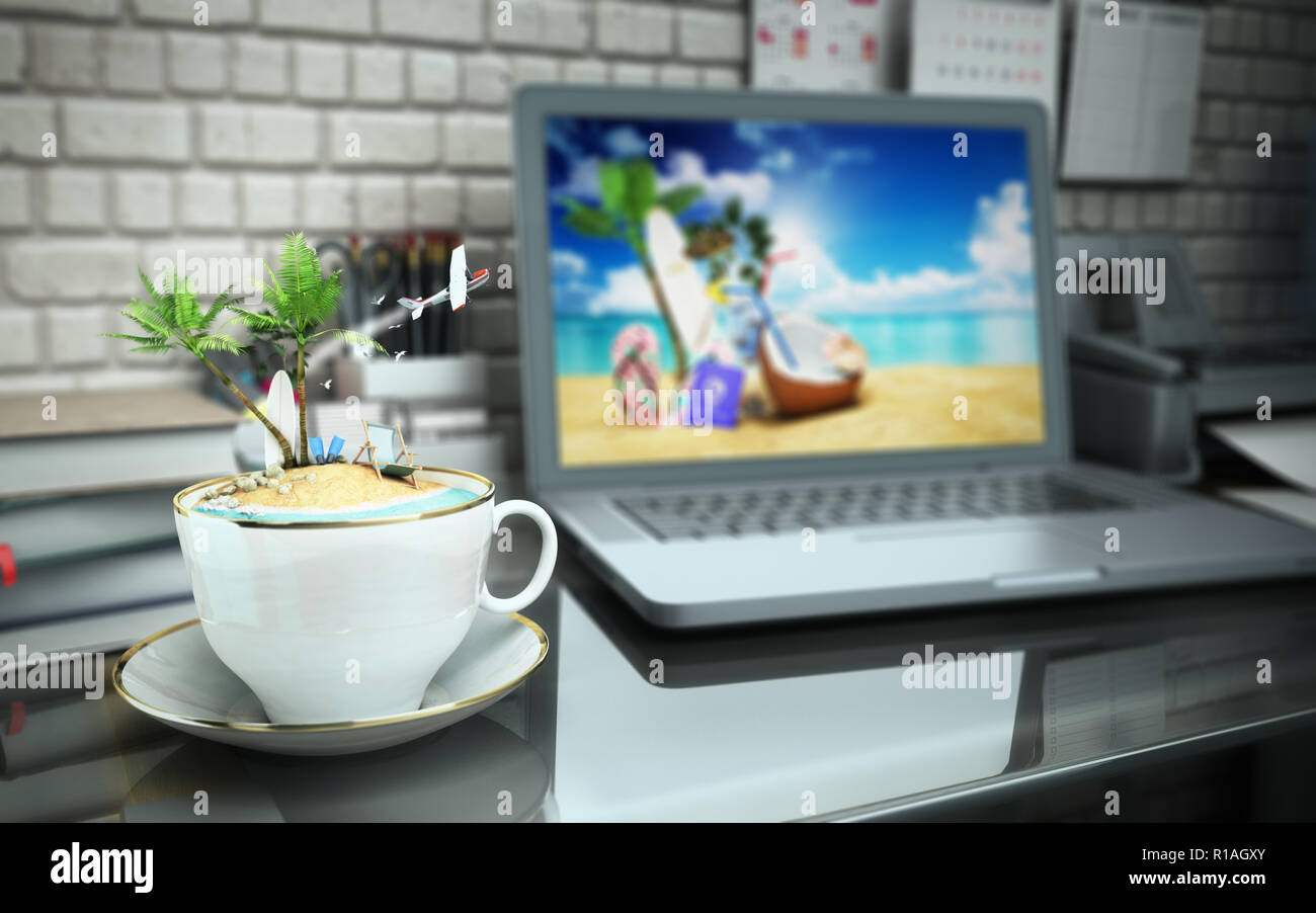 The concept of burning tours Concept travel Tropical island in a coffee cup on an office desk 3d illustration Stock Photo