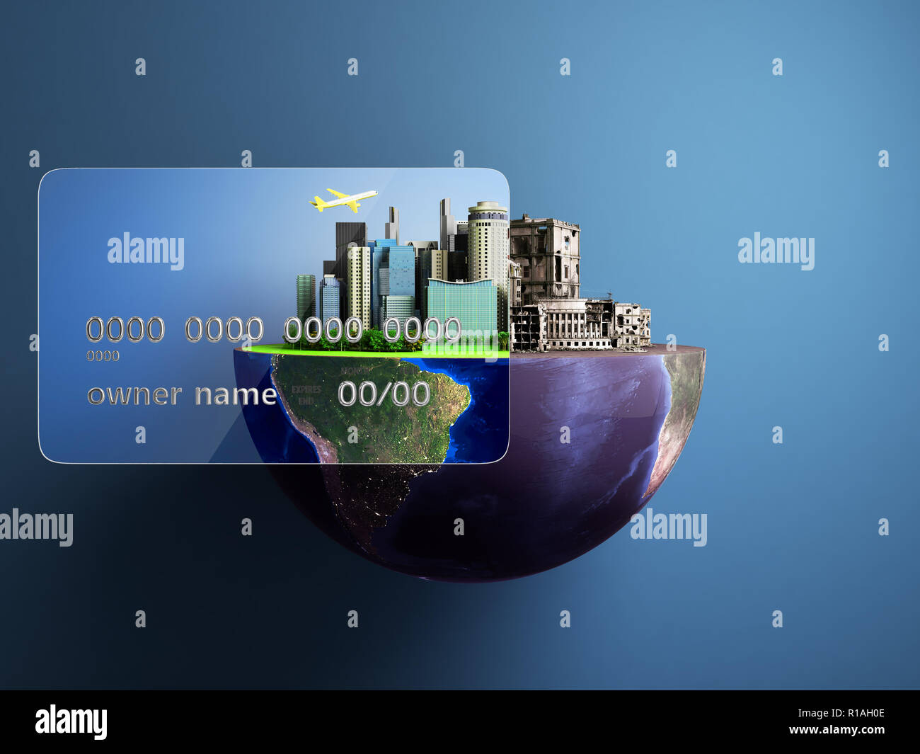 concept of new opportunities with credit cards a new city in the strength of a card a ruined city outside the credit card 3d render Stock Photo