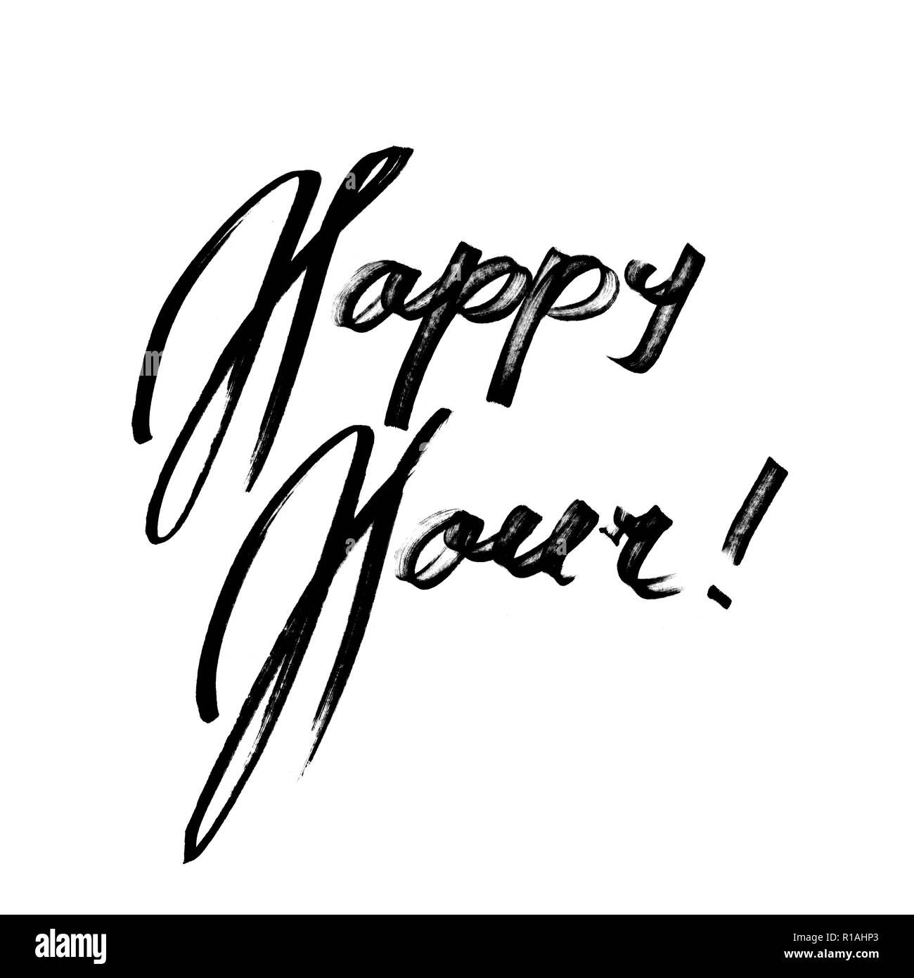 Happy Hour Modern calligraphy, hand drawn ink lettering Stock Photo