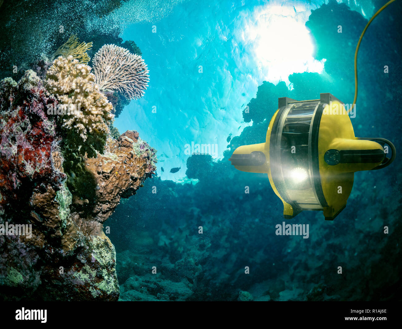 Underwater robot explores the deep sea - This image is an illustration Stock Photo