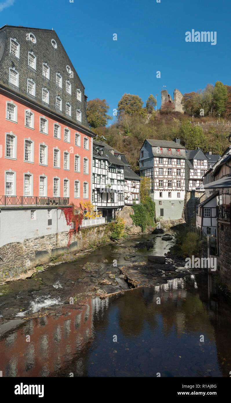Picturesque timber framed houses along the Rur River in the historic