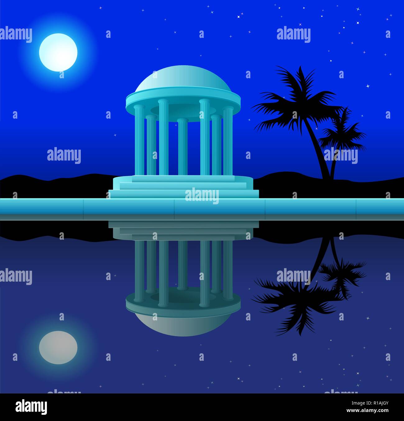 Antique rotunda in beams of the full moon with reflection in water Stock Vector
